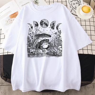 Cute Cottagecore Aesthetic Frog Mushroom Moon Witchy T-Shirt Unisex Crewneck Cotton Summer O-Neck Tee Clothes Oversize Unisex T Shirt