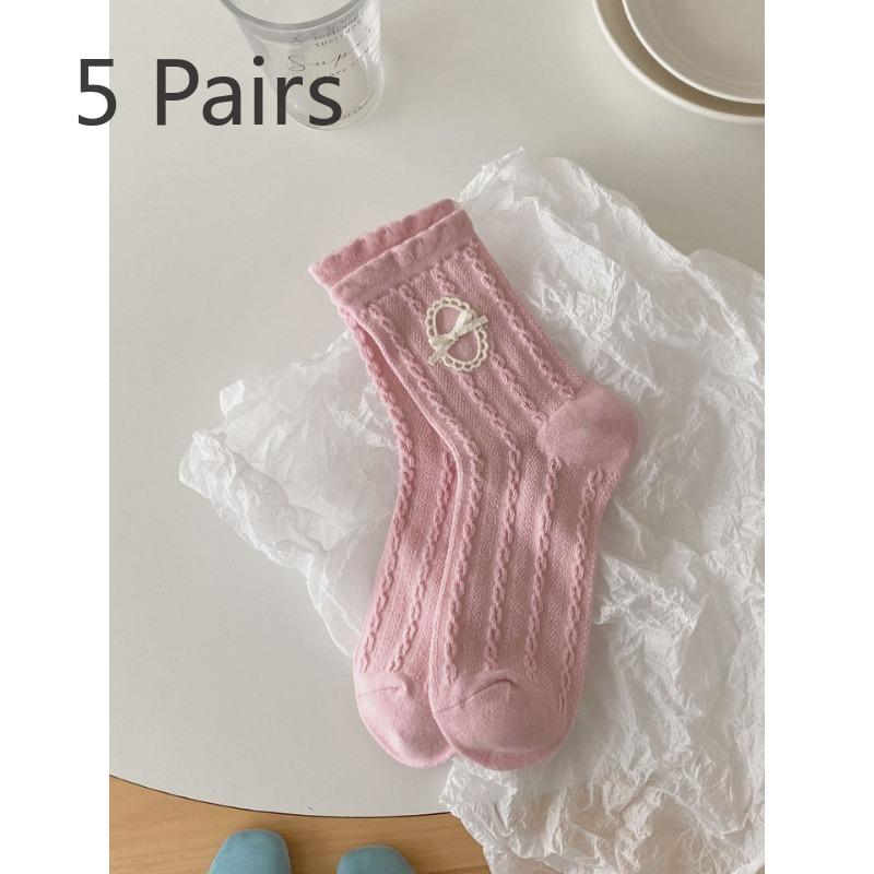 5 Pairs of Women's Summer Mesh Breathable Twist Bow Mid Tube Socks
