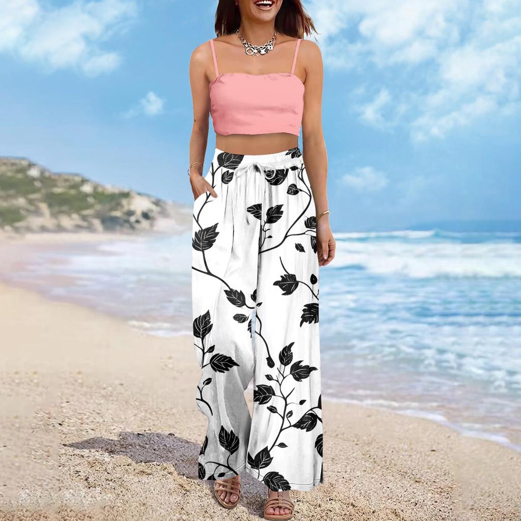 Women's Wide Leg Pants With Elastic Waistband Printing Large Pockets Patchwork Edge, Loose Pants