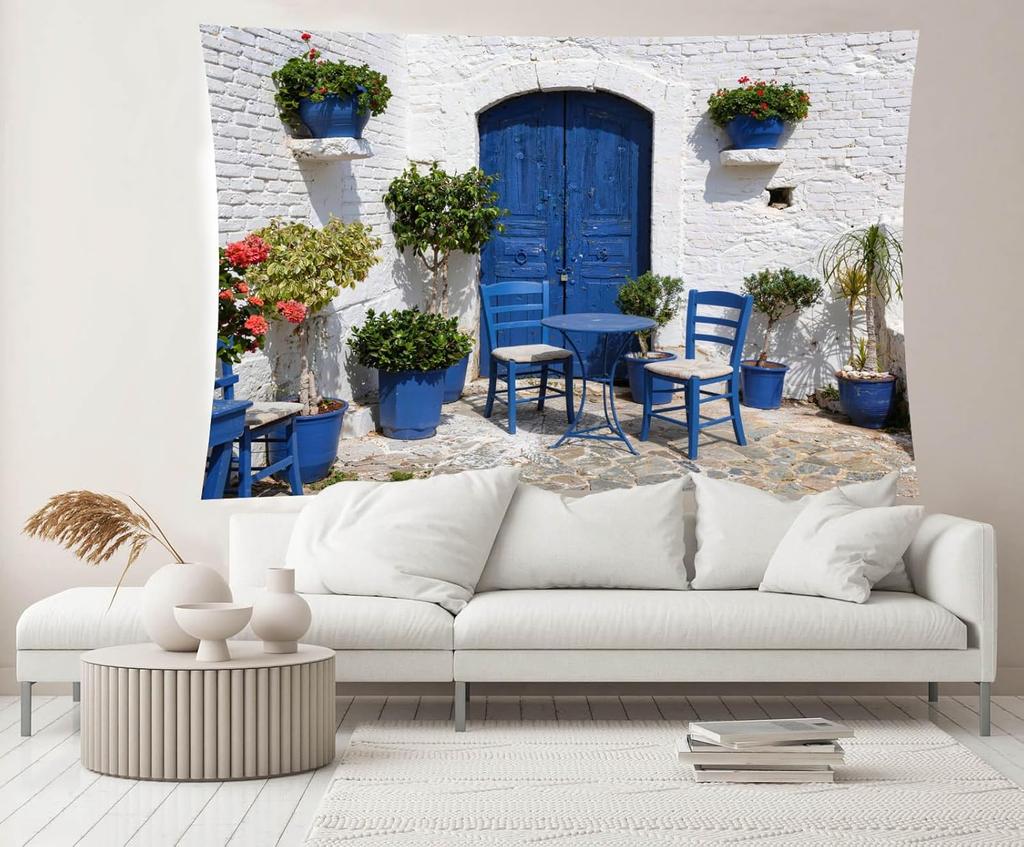 Polyester Mediterranean Wall Tapestry Boho Decor Greek Coastal Seaside Villa Art Hanging Print Home Accent Decor Abstract Bohemi