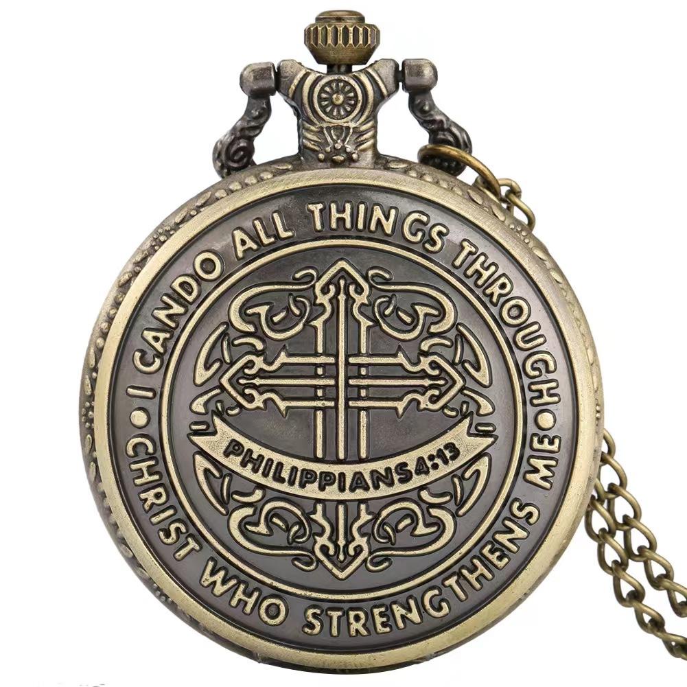 

Vintage Style Bible Philippian Jesus Christ Christian Bronze Quartz Pocket Chain Watch Women Men Gift Fashion Necklace Clock бронзовий