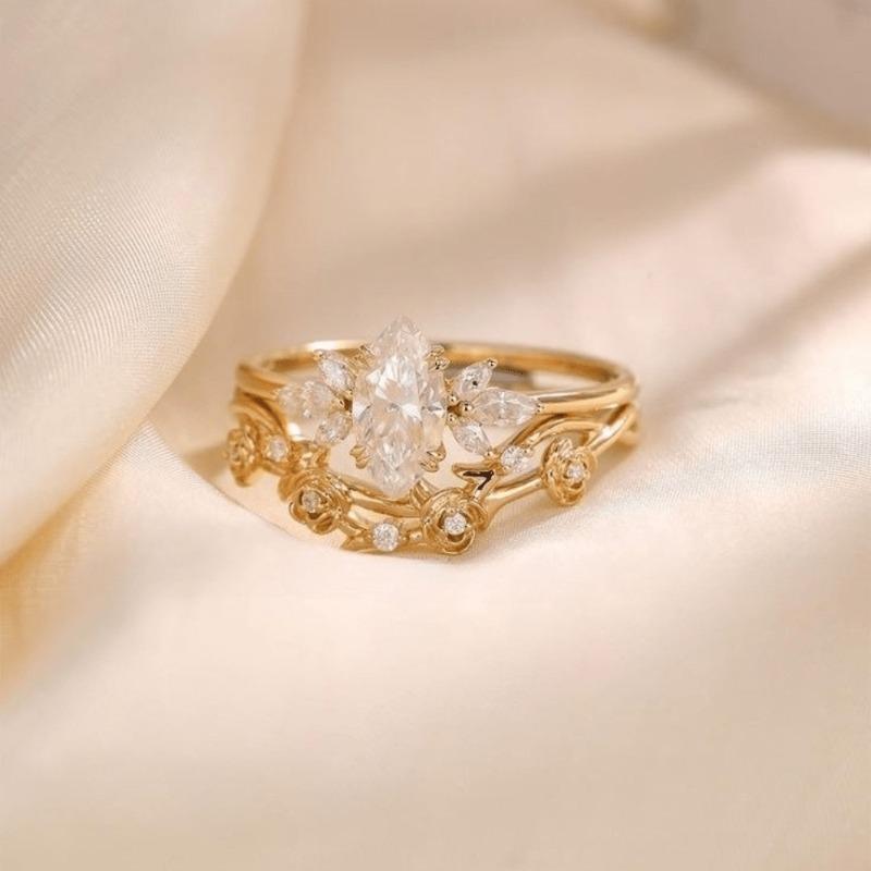 Exquisite Sparkling Droplet Shaped Inlaid Zircon Leaf Flower Ring, Suitable for Women's Banquet Party Accessories and Gifts