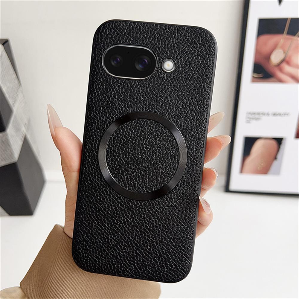 

For Google Pixel 9a Case Compatible with MagSafe PU Leather+TPU Phone Back Cover Black