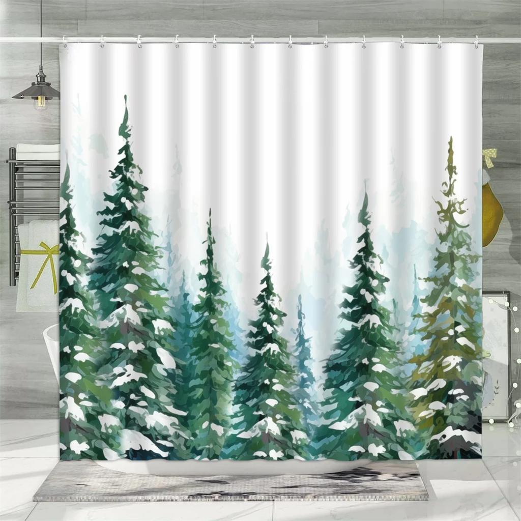 Christmas Shower Curtain, Winter Snowman Santa Claus Gnome Farm Farmhouse Cartoon Truck Christmas Tree Snowflake Bathroom Decor