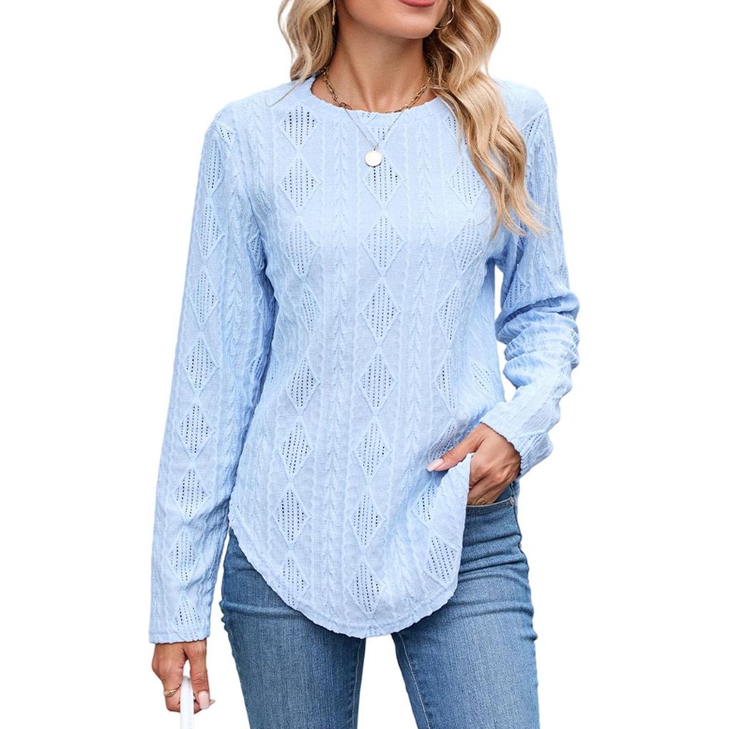 European and American Autumn and Winter Casual Round Neck Long Sleeve Curved Hem T-shirt Button Hollow Top