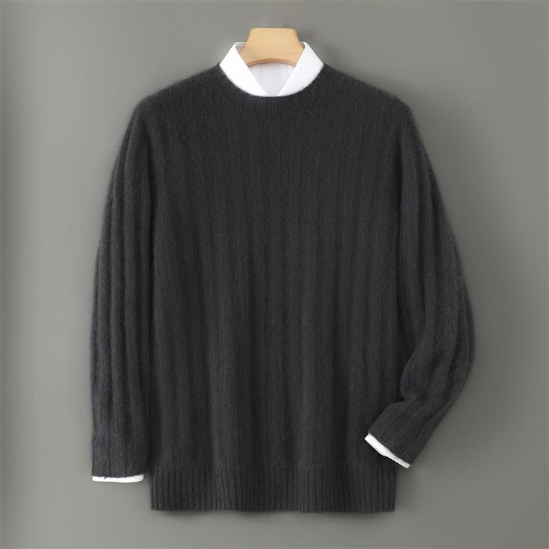 Men s High-End 7-Gauge Striped Wool Sweater, Round Neck, Thickened Base Layer M
