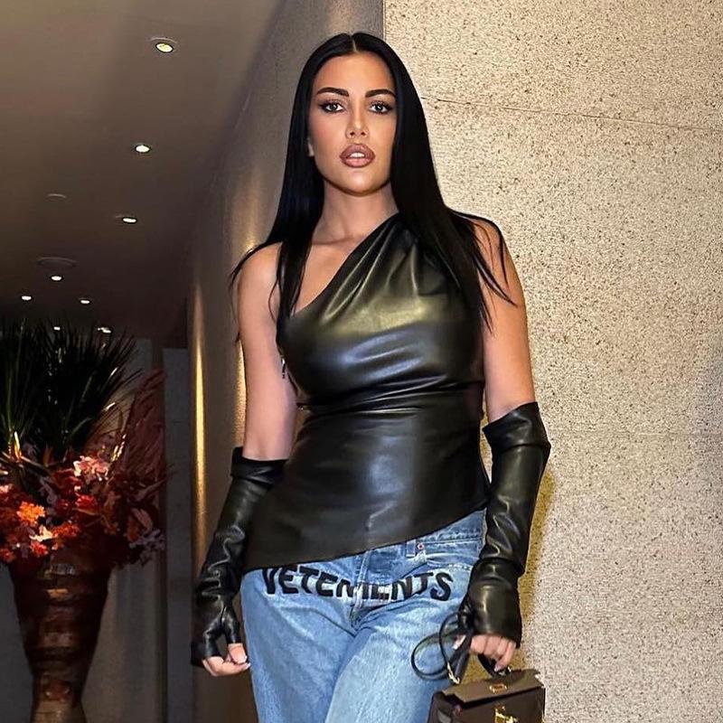 2026 European & American One-Shoulder Slimming Women s Top - Sexy Sleeveless Fashion Large чёрный