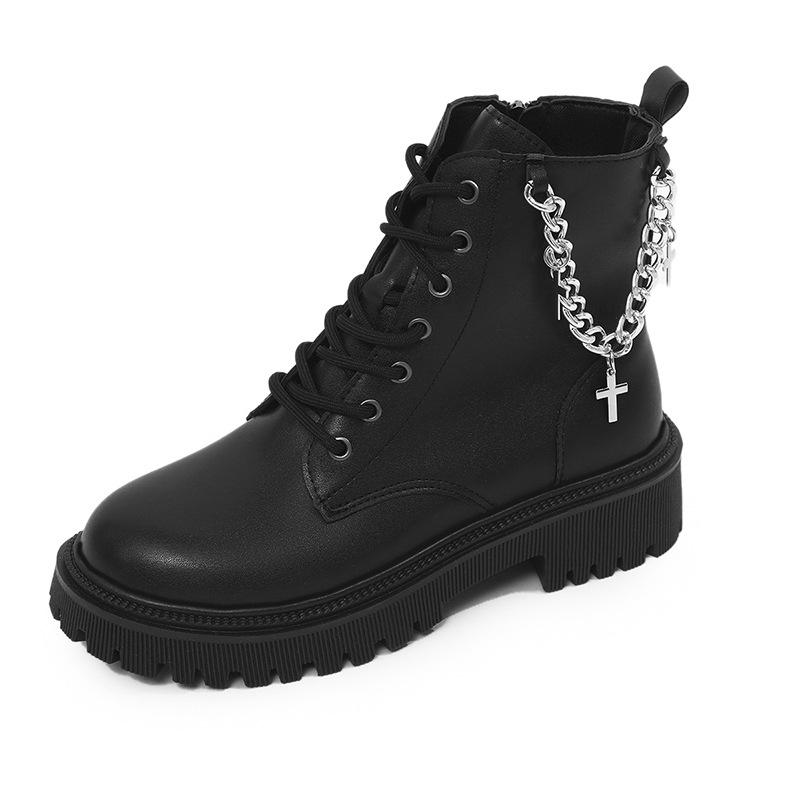 

Новые ботинки Мартин на цепочке детские корейская версия на мягкой подошве с круглым носком средней высоты кожаные ботинки удобные на шнуровке однотонные ботинки рыцаря детские 35 чёрный