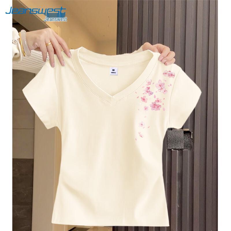 Jeanswest Women s V-Neck Cotton Sakura Blossom Print T-Shirt L
