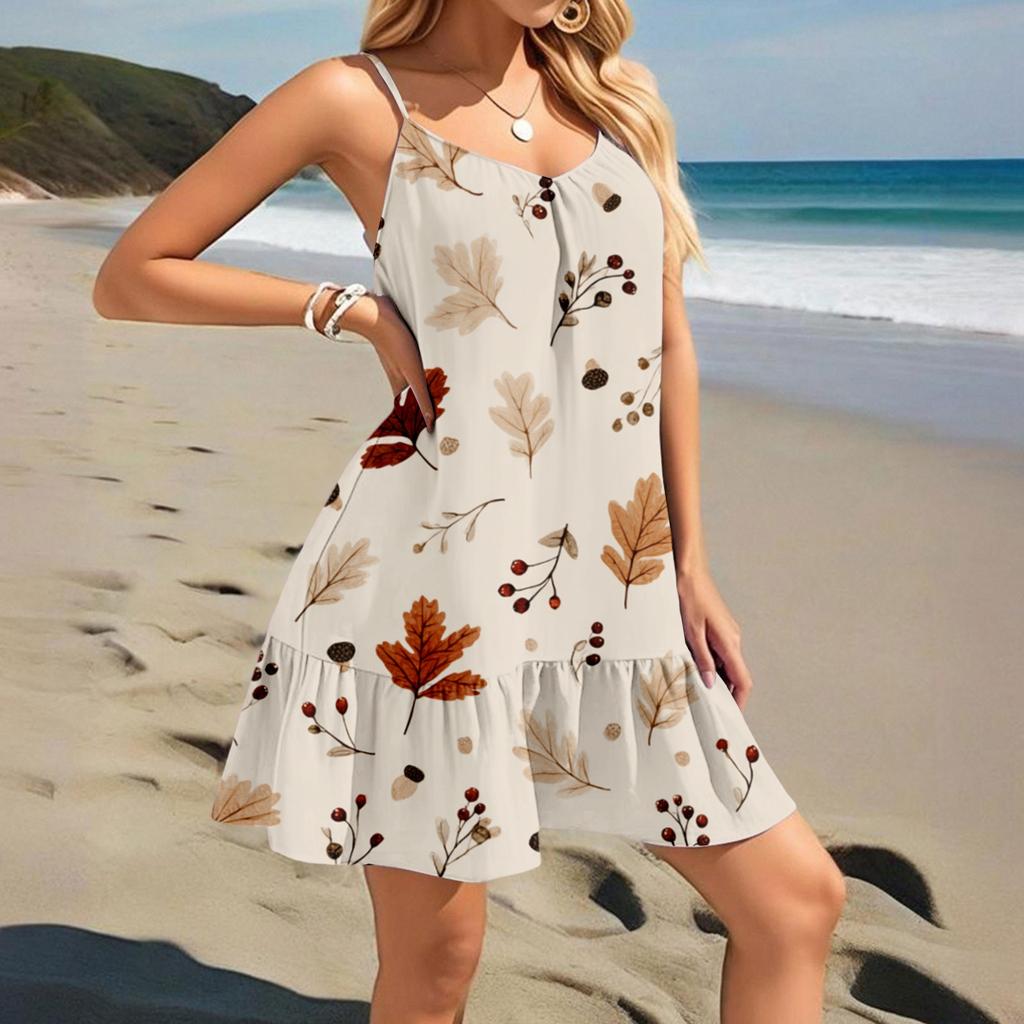Women's Sleeveless Sling Loose Casual Elegant Beach Floral Print Dress