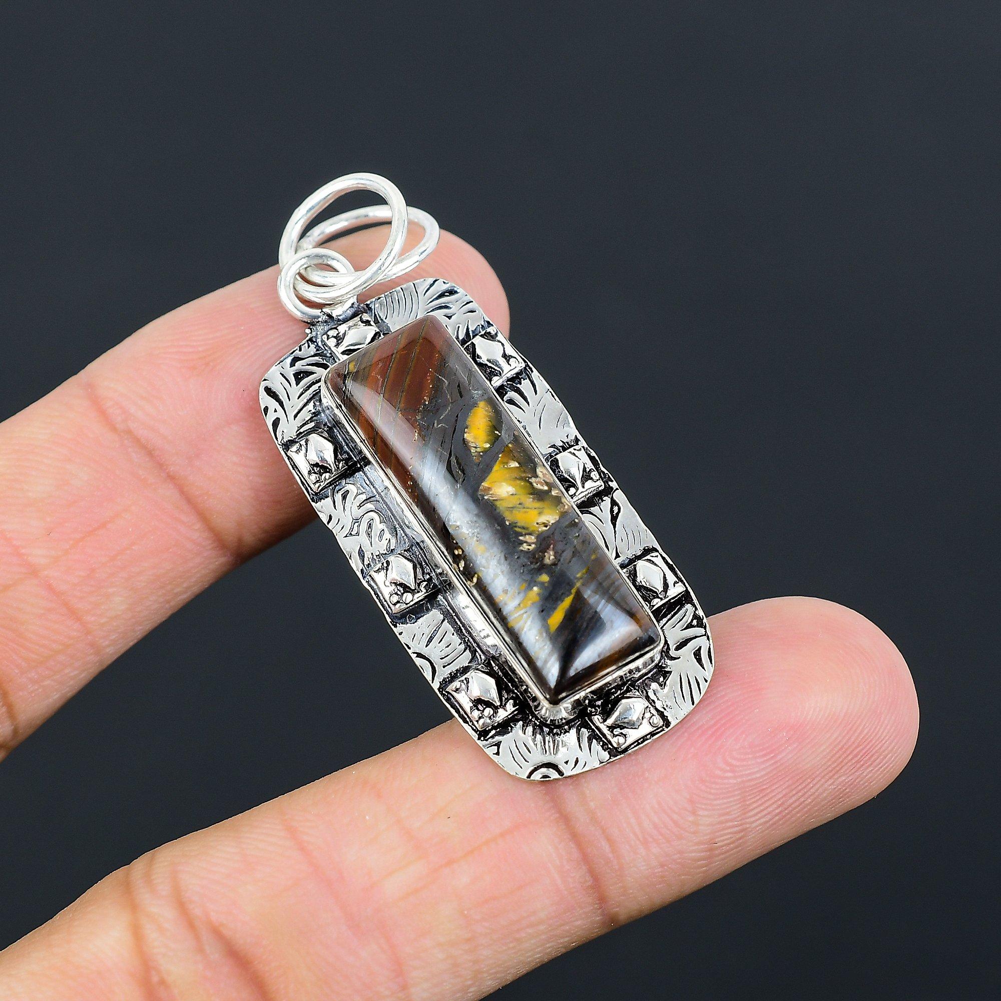 Daughters Day Sale Iron Tiger Eye Stone Sterling Silver Art Deco Pendant Jewelry