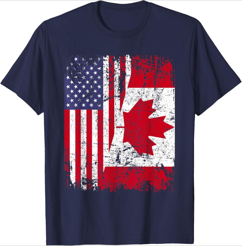 CANADIAN ROOTS|Half American Flag|CANADA pattern design-100% cotton summer O-neck short sleeve printed men's T-shirt.