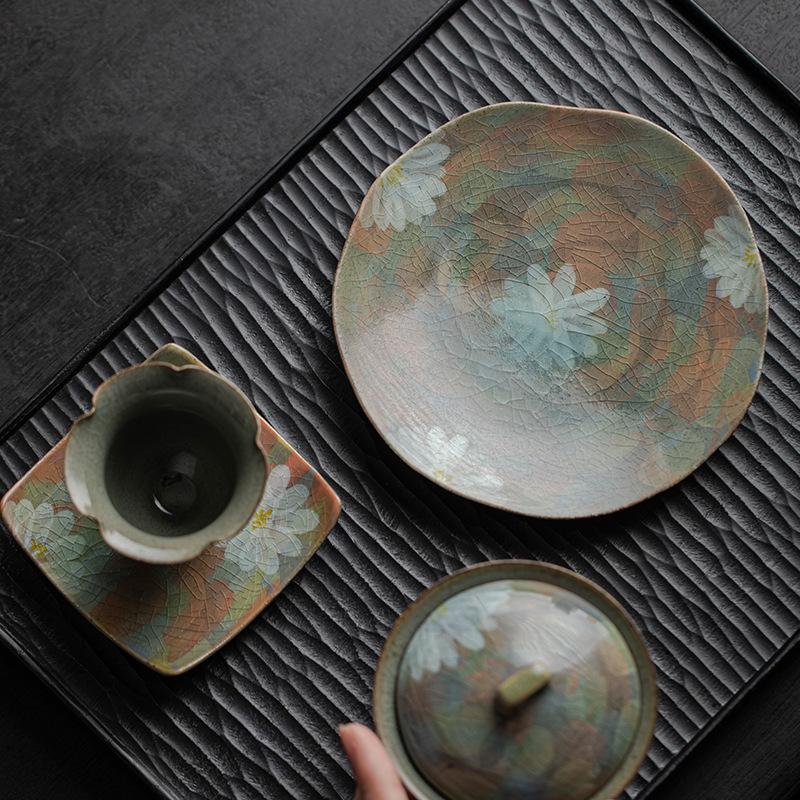 Hand Painted Ceramic Tea Tray Vintage Small Teapot Stand Dry Tea Plate Home Decor Tea Accessories Gift