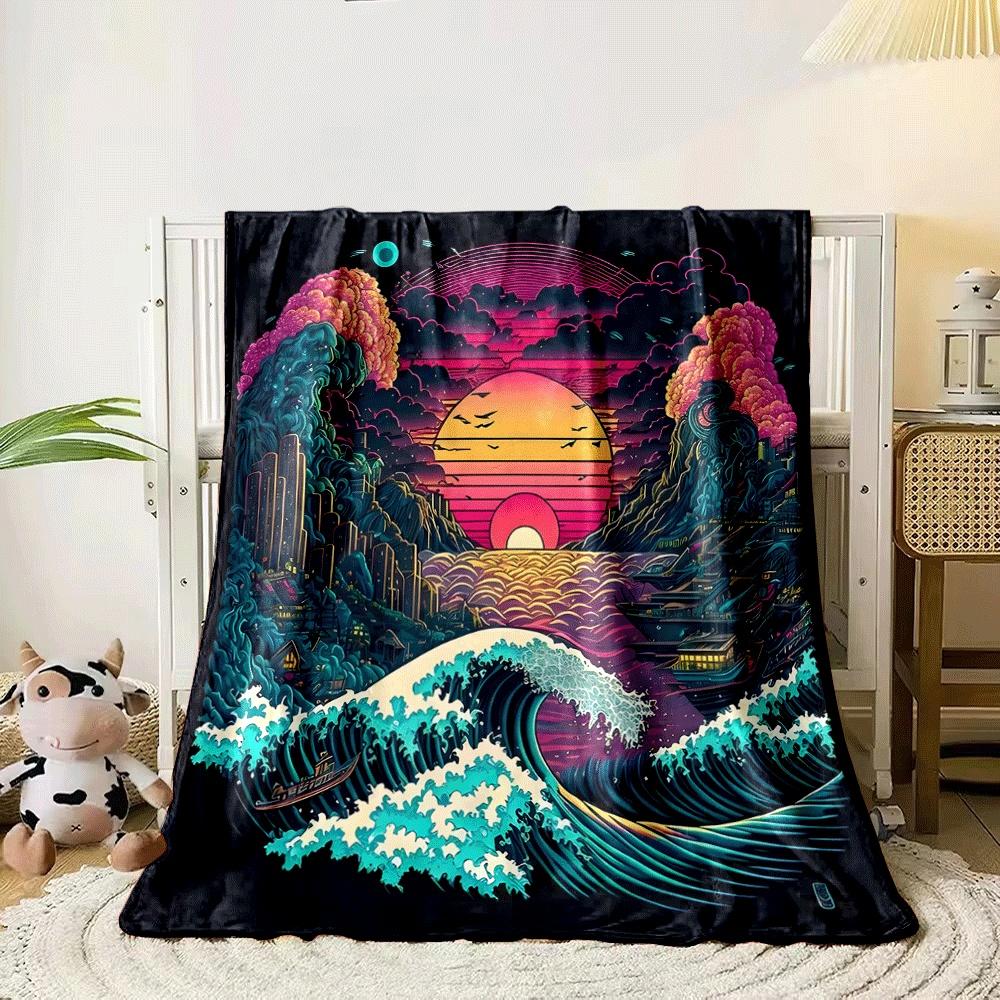 Vibrant waves, neon sunset, clouds, and detailed cityscape converge. for all seasons blanket lunch break throw gift 80cm x 120cm