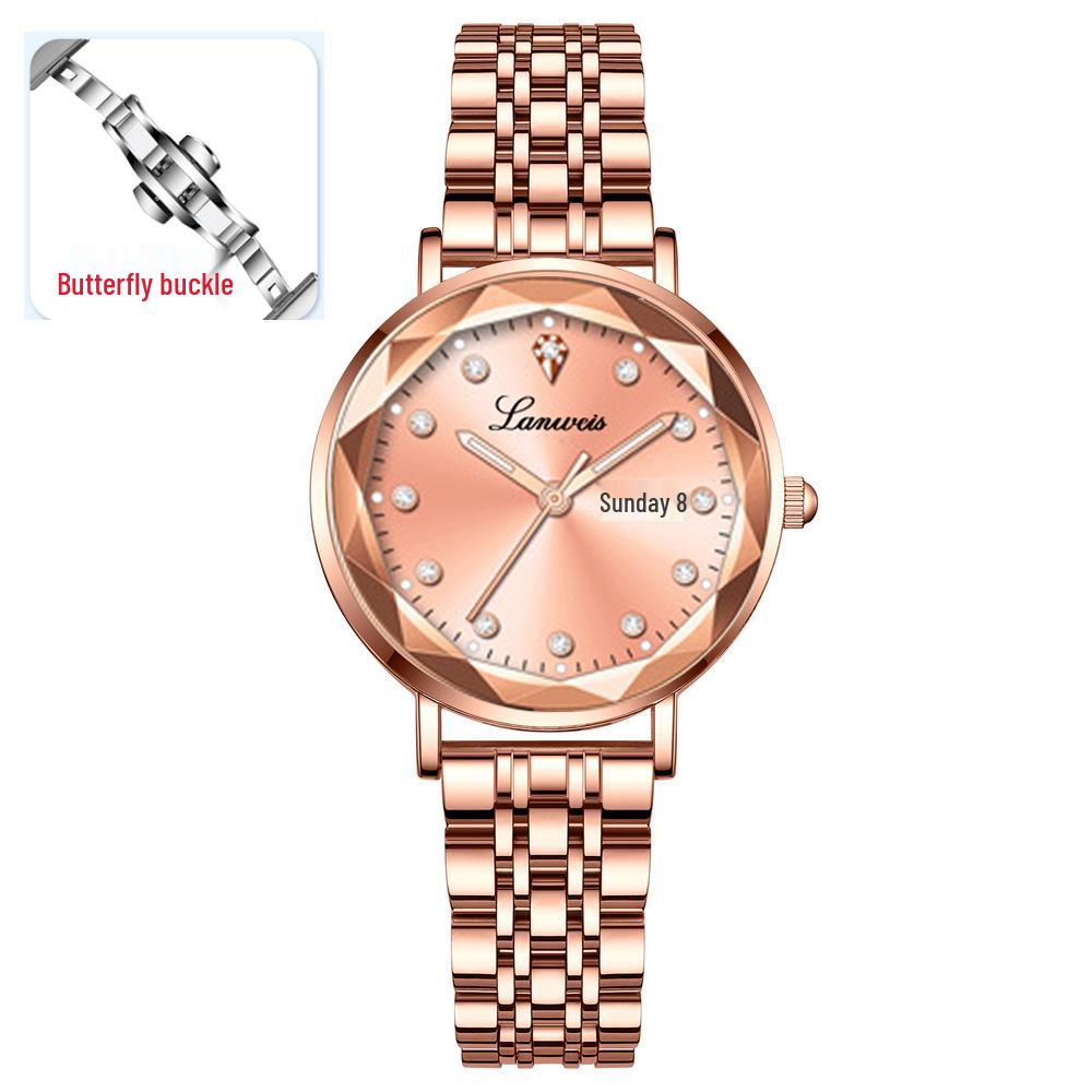 Genuine Women s Steel Band Watch with Butterfly Buckle, Double Calendar, Luminous, Waterproof, Elegant New Style.