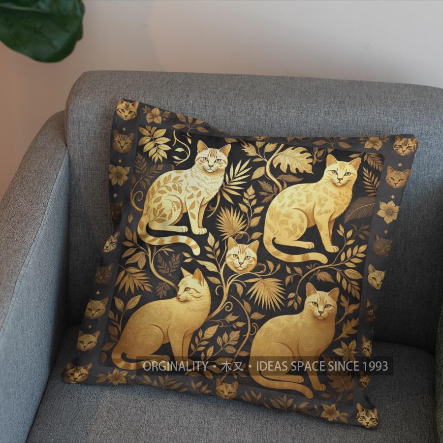 2D Golden Cats And Leaves Pattern Pillow Cover Pattern Cushion Cover Suitable For Sofa Bedroom Car Pillow Cover