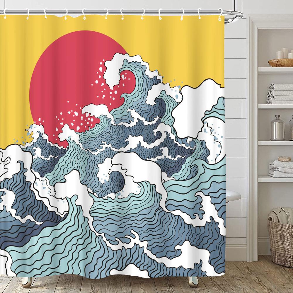 Japanese Style Series Ukiyoe Shower Curtain Ocean Waves Waterproof Curtains Polyester Printing Bathroom Decor Partition Screen