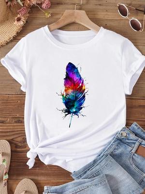 (Asian Size)  Feather Style Cute Love Trend Women T Shirt Short Sleeve Tee Top Clothing Fashion Print Lady Casual Female Graphic T-shirts