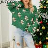 BITCED Women's Red Christmas Sweater with Deer Jacquard Pattern Relaxed Fit, Cute Long-Sleeved Pullover Knit