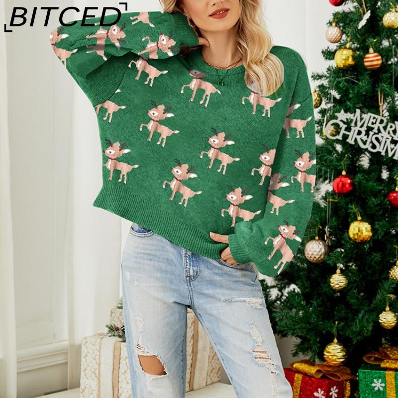 BITCED Women's Red Christmas Sweater with Deer Jacquard Pattern Relaxed Fit, Cute Long-Sleeved Pullover Knit
