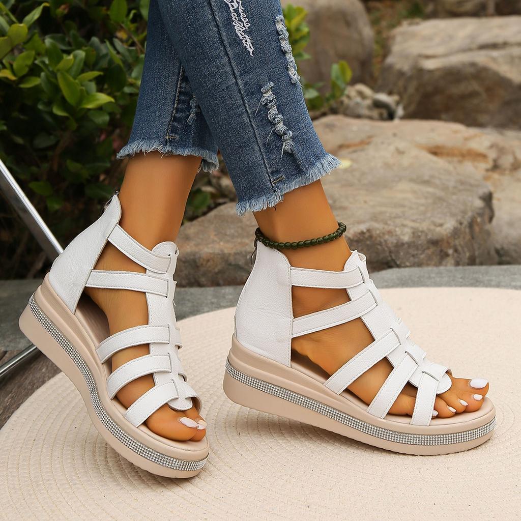 2025 Summer Women's Shoes Fashion Solid Color Multi Strap Combination Thick Bottom Zipper Water Diamond Design Cool Slippers