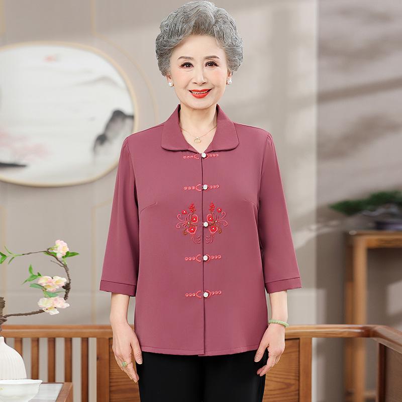 

Летний вышитый кардиган для женщин среднего и пожилого возраста с отложным воротником и рукавами 7/8 5XL for 140-155 lbs