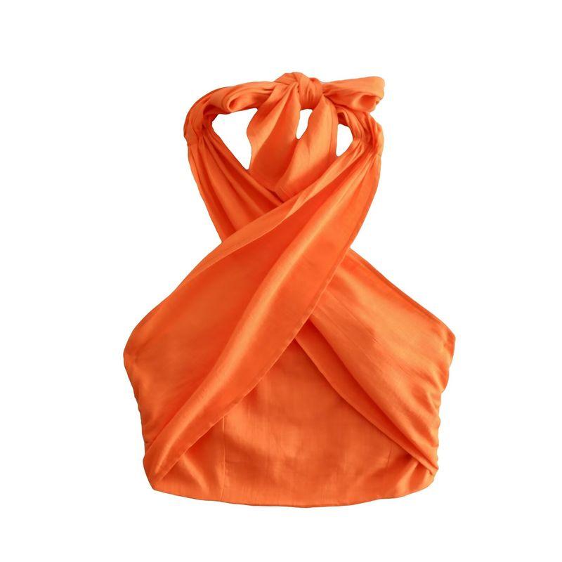 Kaslead New Arrival Women's Clothing Fashion Style Stylish Simple and Versatile Two-Color Cotton Linen Halterneck Short Tops