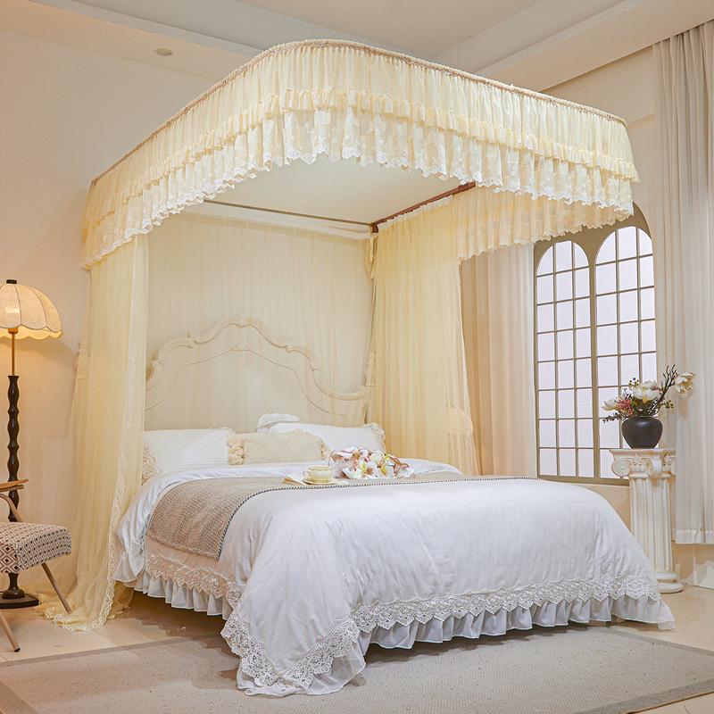 Double-layer Embroidered Lace Floor-length U-shaped Mosquito Net with Track System
