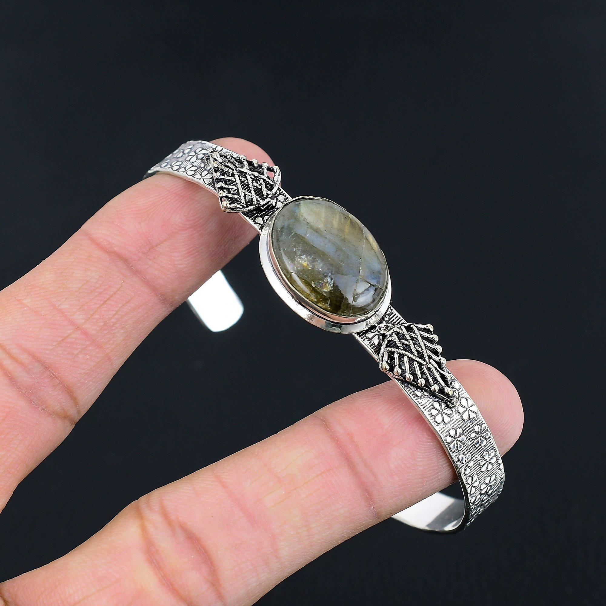 

Natural Labradorite Gemstone Bangle Gray Adjustable 925 Sterling Silver Jewelry Adjustable