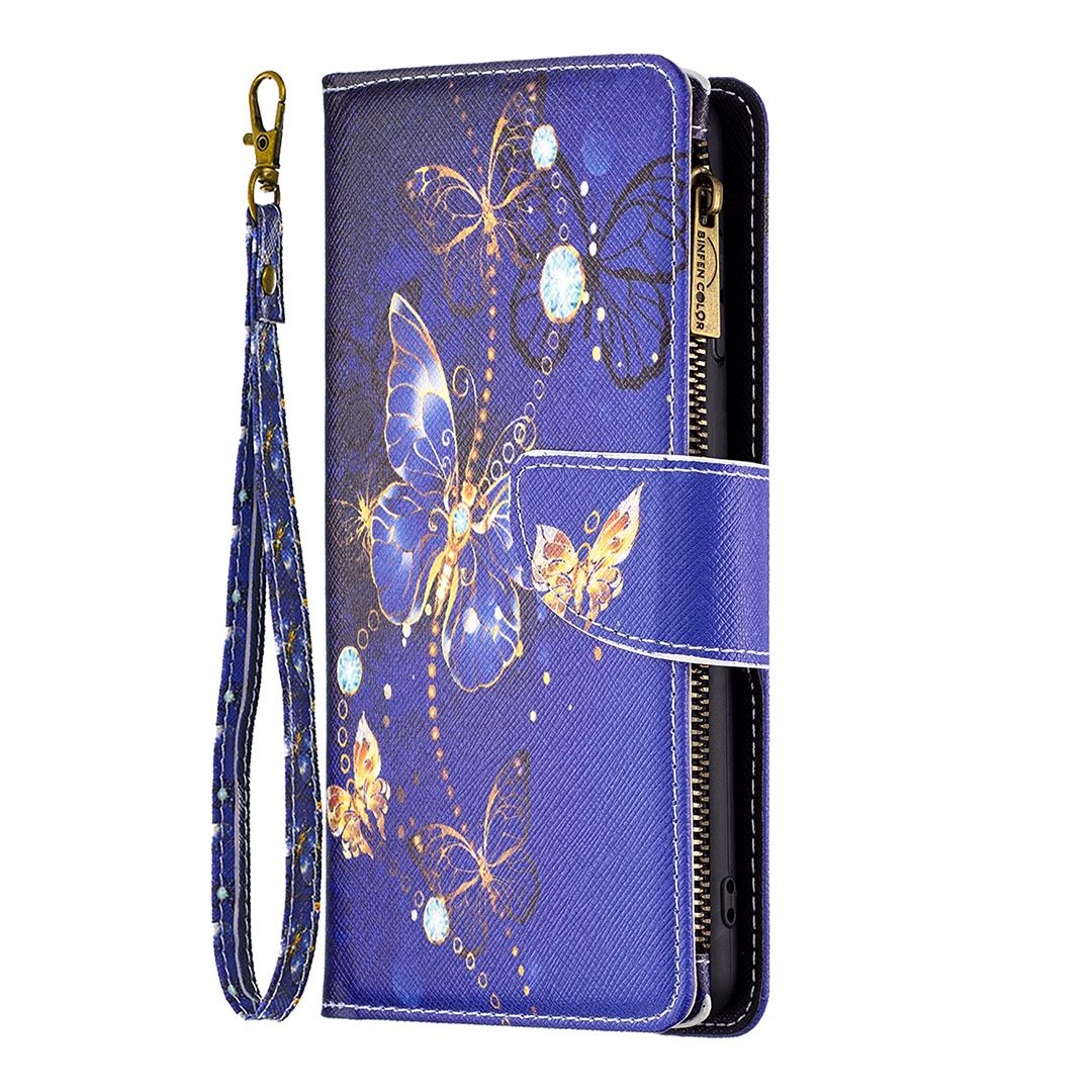 

BF03 Wallet Phone Case for Motorola Moto G31/Moto G41,Pattern Printing Leather Protective Zipper Purse Stand Cover with Strap Purple Butterflies