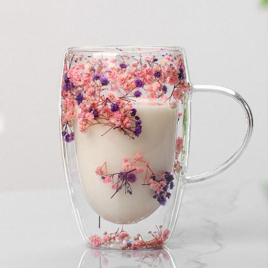 1/2Pcs 350ML Dries Flower Double Wall Mug Insulated Coffee Cup with Handle Espresso Latte Cappuccino Milk Juice Tea Water Drinking Cup