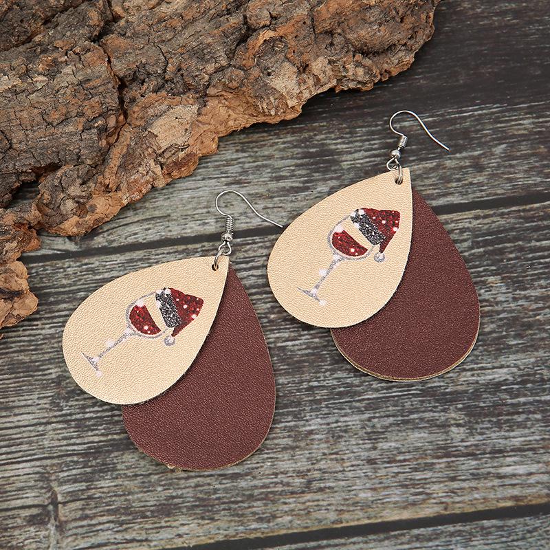 European & American Christmas Series: Red Wine Glass with Christmas Hat Leather Double-Layer Water Drop Women's Earrings