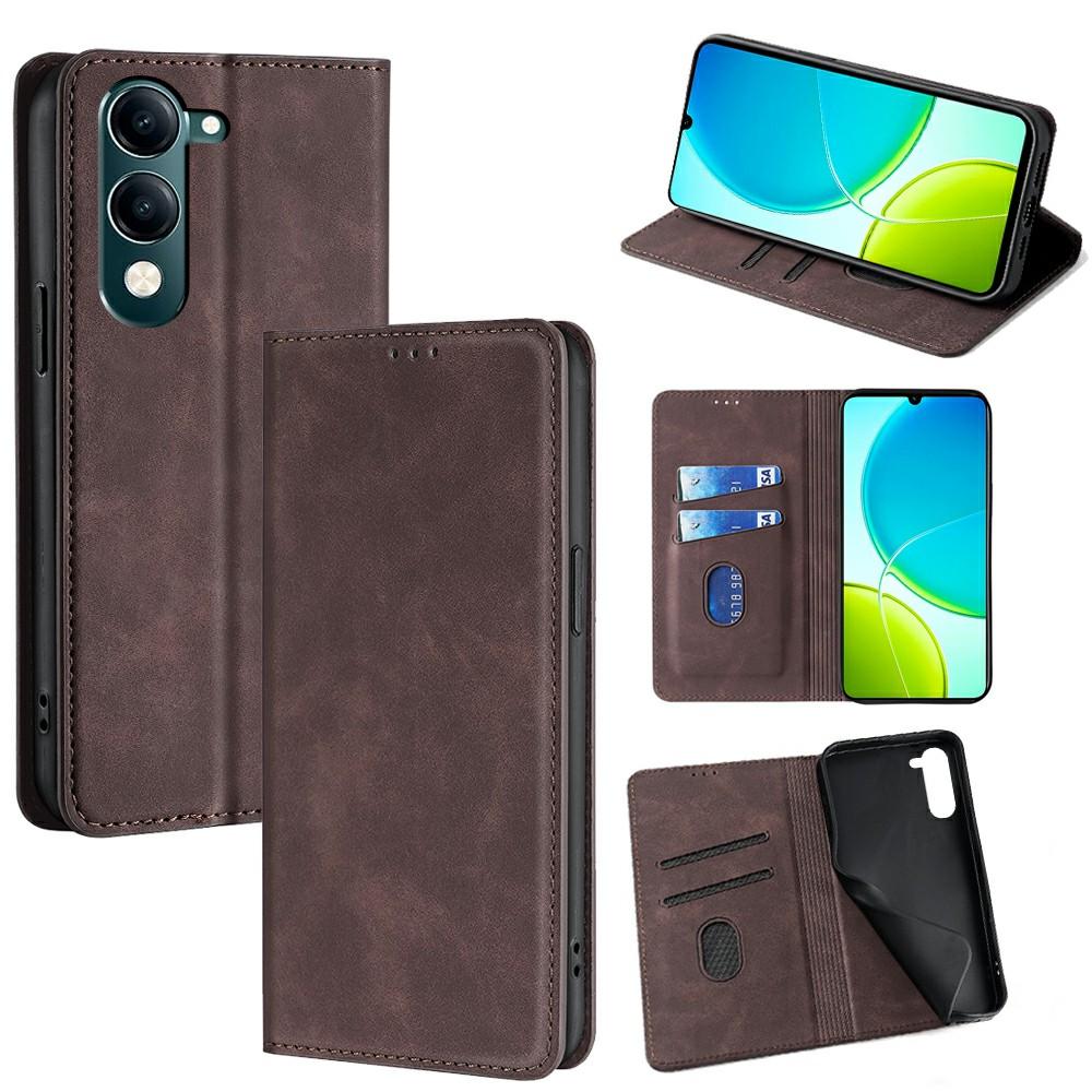 

For vivo Y29s 5G/Y04 4G Case Card Holder PU Leather Magnetic Closing Phone Cover Dark Brown
