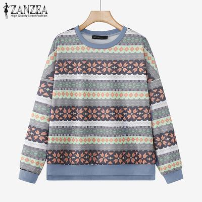 Women Vintage Round Neck Long Sleeve Striped Print Pullover Sweatshirts