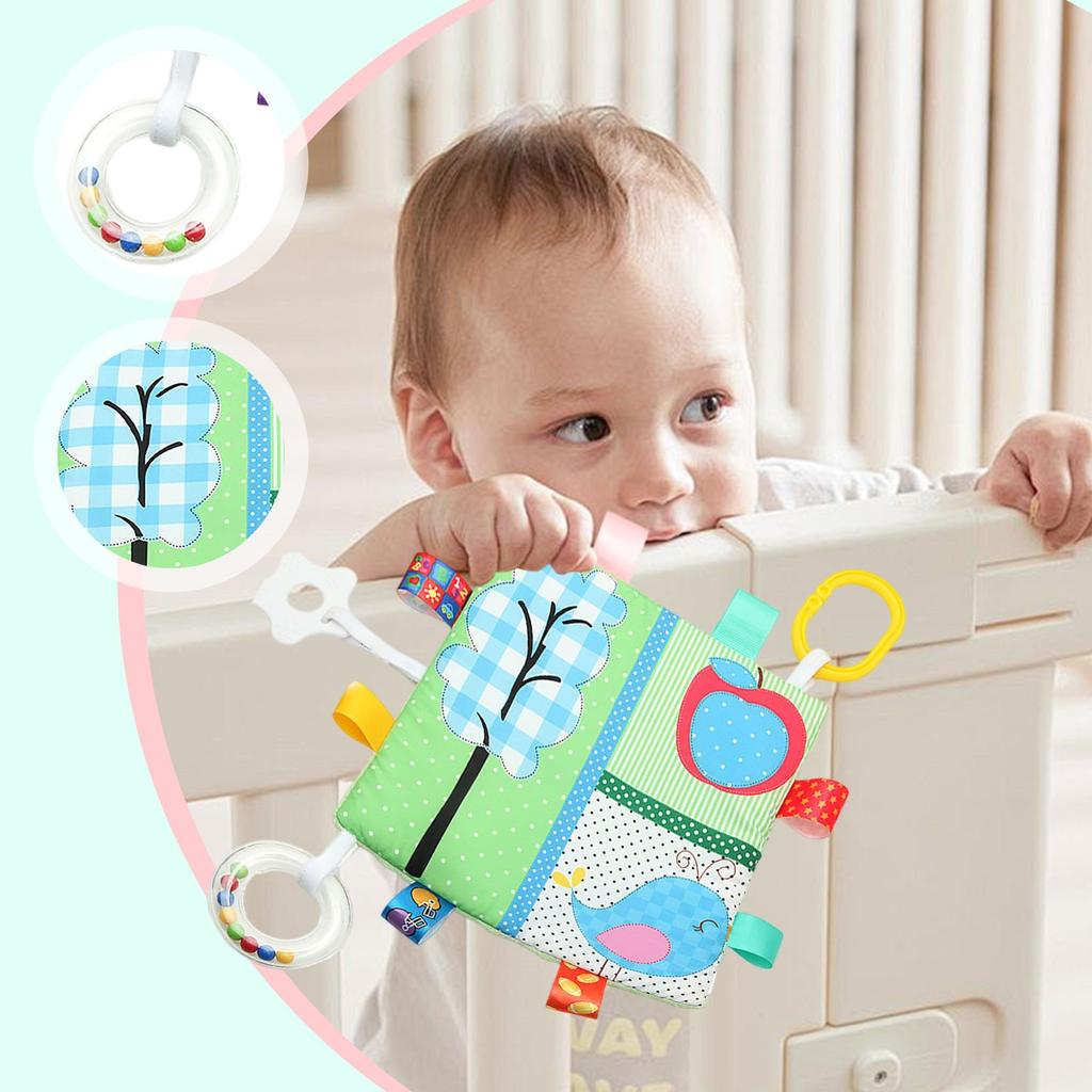 Baby Cartoon Label Comfort Towel, Soft Hanging Ring With Rattle Teether