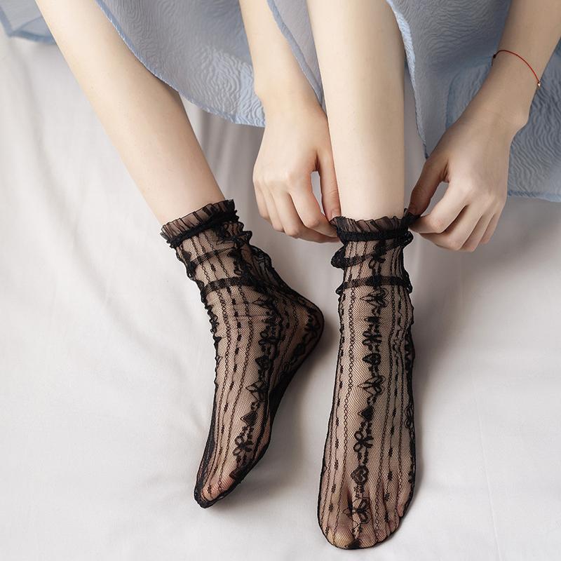 Japanischer Stil Sexy Spitze Rüschen Socken Ultradünne Transparente Sommer Lochmuster Netz Kniestrümpfe Damen Mode Harajuku Retro Lange Socken
