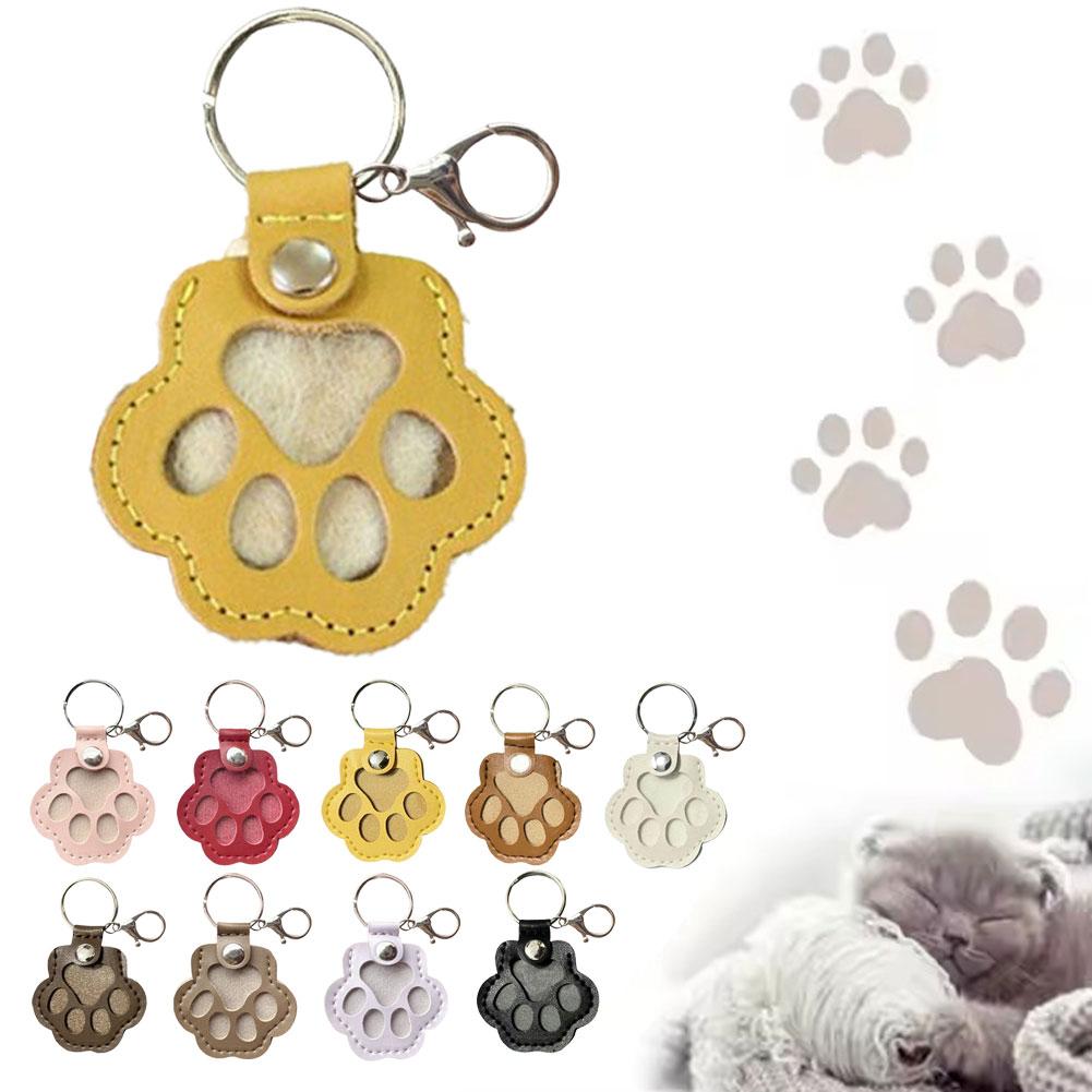 Cute Cat Claw Hair Keychain Creative Puppy Pet Hair Storage Bag Keyring PU Leather Dogs Paw Pendant Hanging Accessory