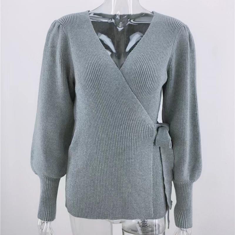 IHUASU Autumn and Winter Tie Temperament Commuter V-neck Jumper Women's Loose Large Size Fashion Knitted Cardigan