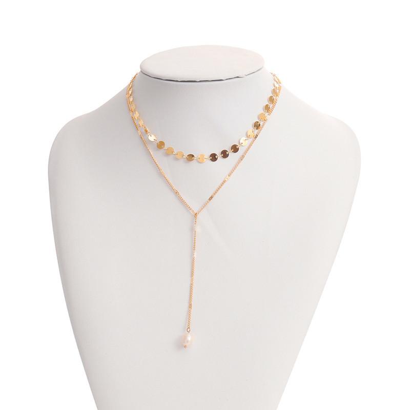 Fashion Trend Design Metal Accessories Women, Double Round Sequin Pearl Tassel Necklace