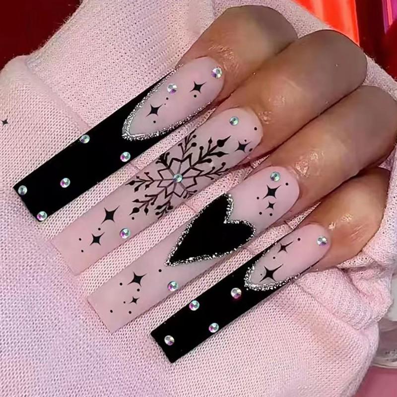 Matte Black French Christmas Press-On Nails With Heart Snowflake Glitter Design Sweet Style Wearable Nail Tips