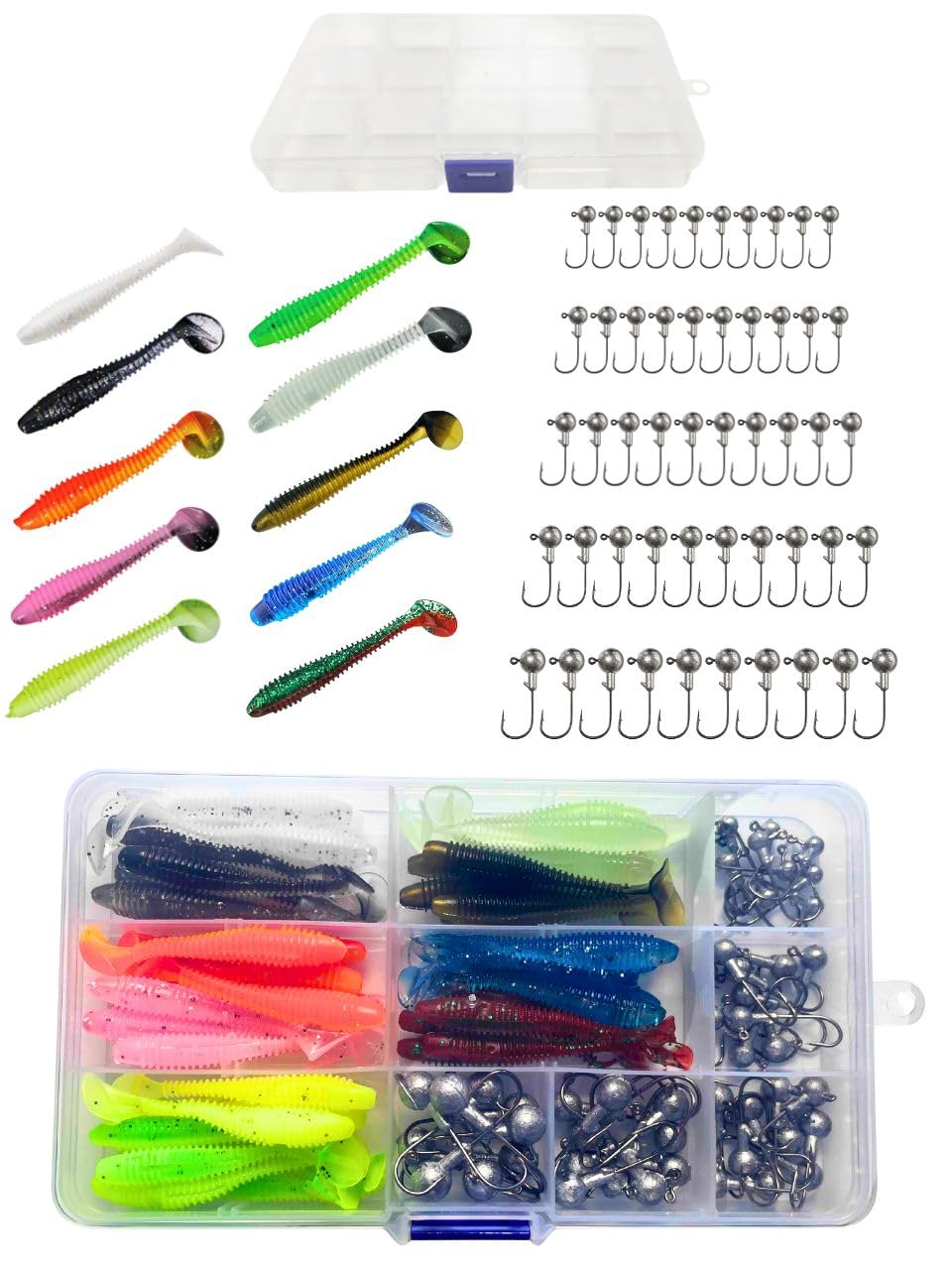 

Set of 100 Shad Tail Jig Heads (Shad Tail Type A), 10 Colors, 5 Sizes: 1g, 1.8g, 2.5g, 3.5g, and 5g, with Storage Case