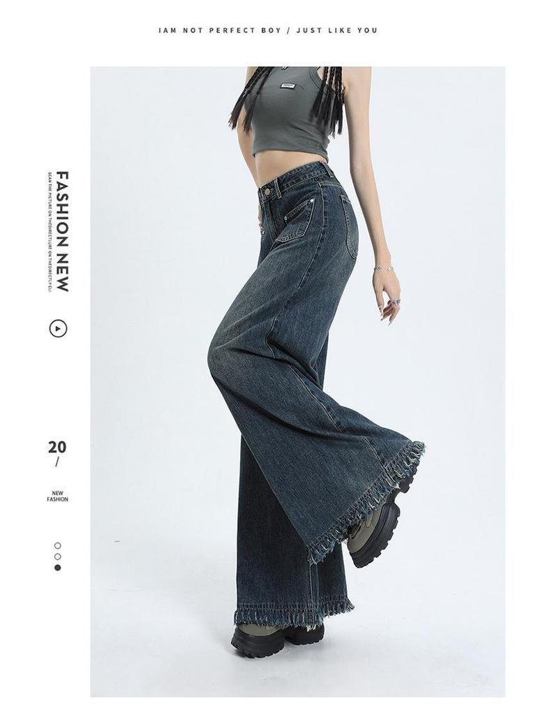 American Raw Edge Wide-Leg High-Waist Jeans for Women - Trendy Floor-Length Straight Pants