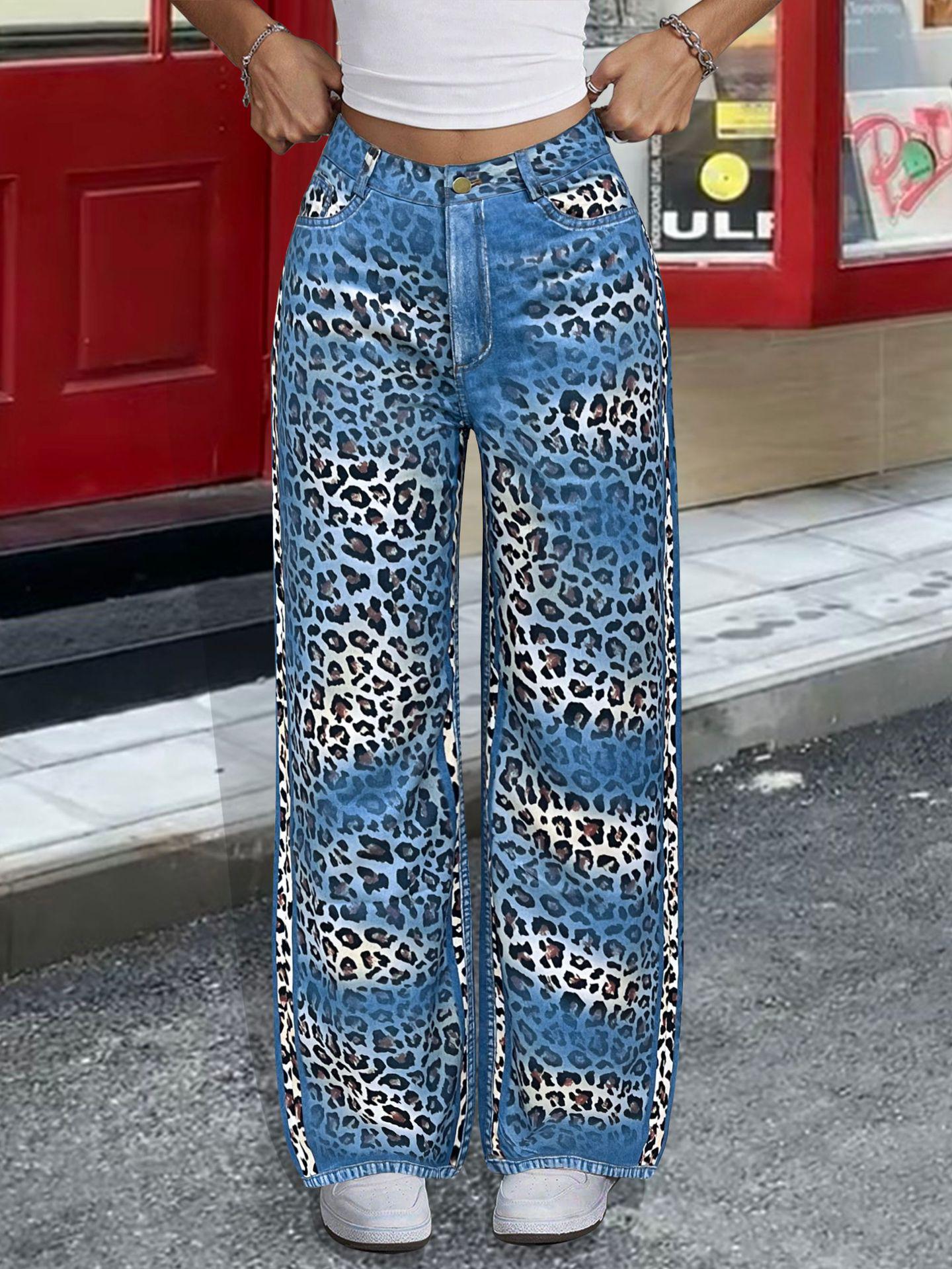 

Unisex Retro Gradient Leopard Print Wide-Leg Jeans - Casual Straight Fit Medium