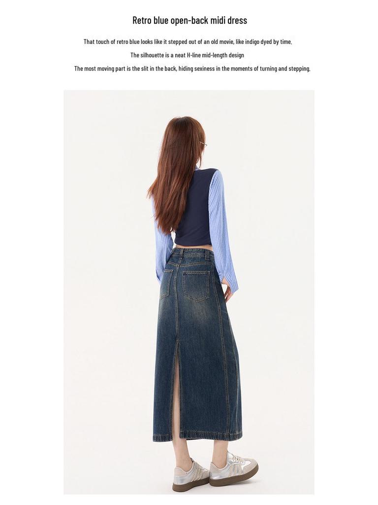 American Retro High Waist A-Line Denim Skirt with Slit and Patchwork - Spring 2026 Collection