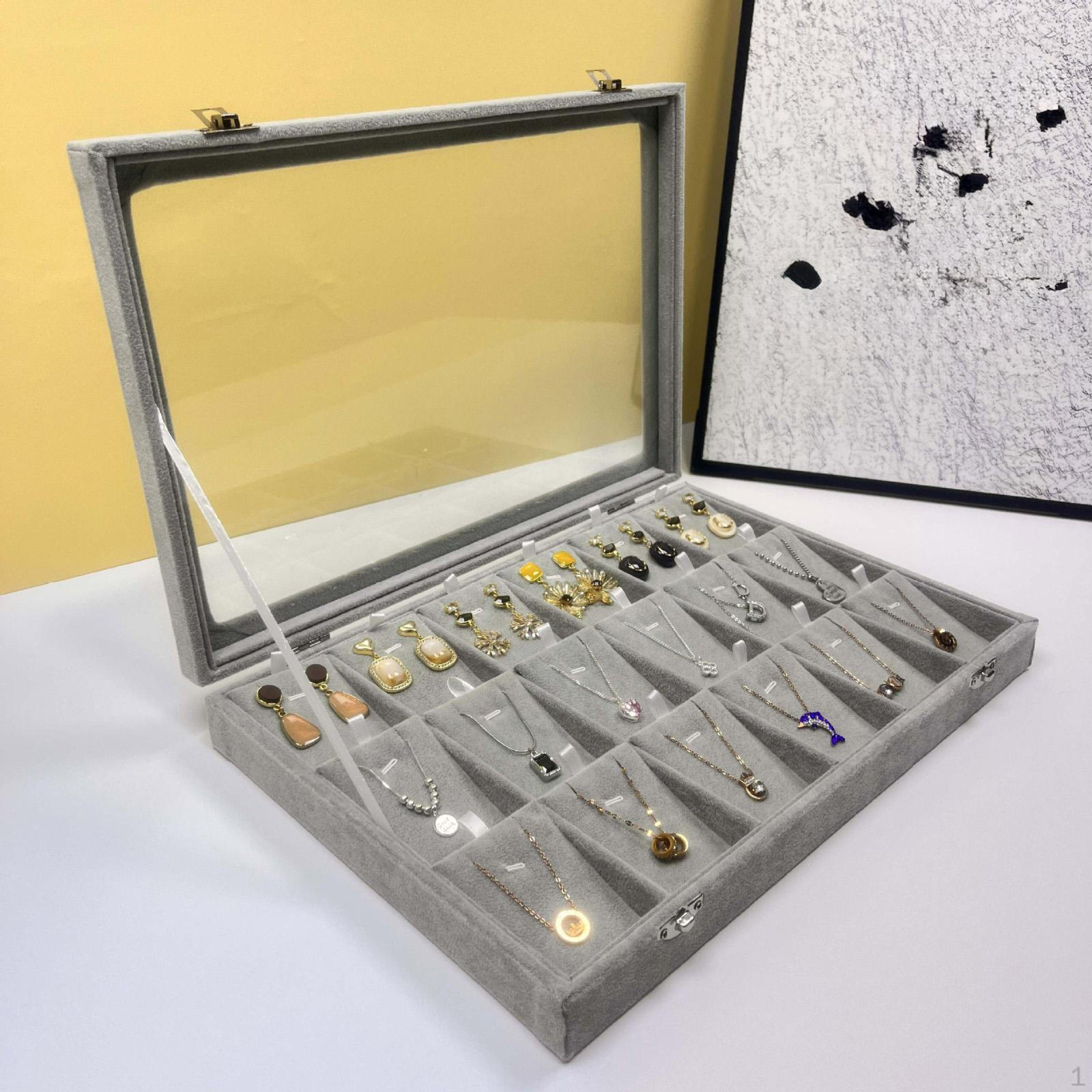 

Элегантная бархатная шкатулка для хранения украшений со стеклянной крышкой 18 Grids