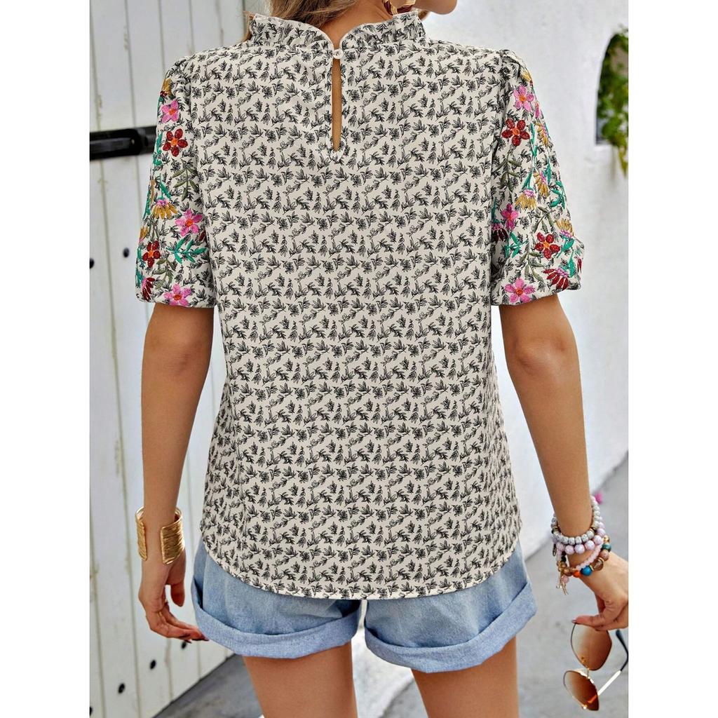 IHUASU Damen Sommer Bestickt Bedruckt Schnalle Welle Hoher Kragen Kurz Farbpassendes Top