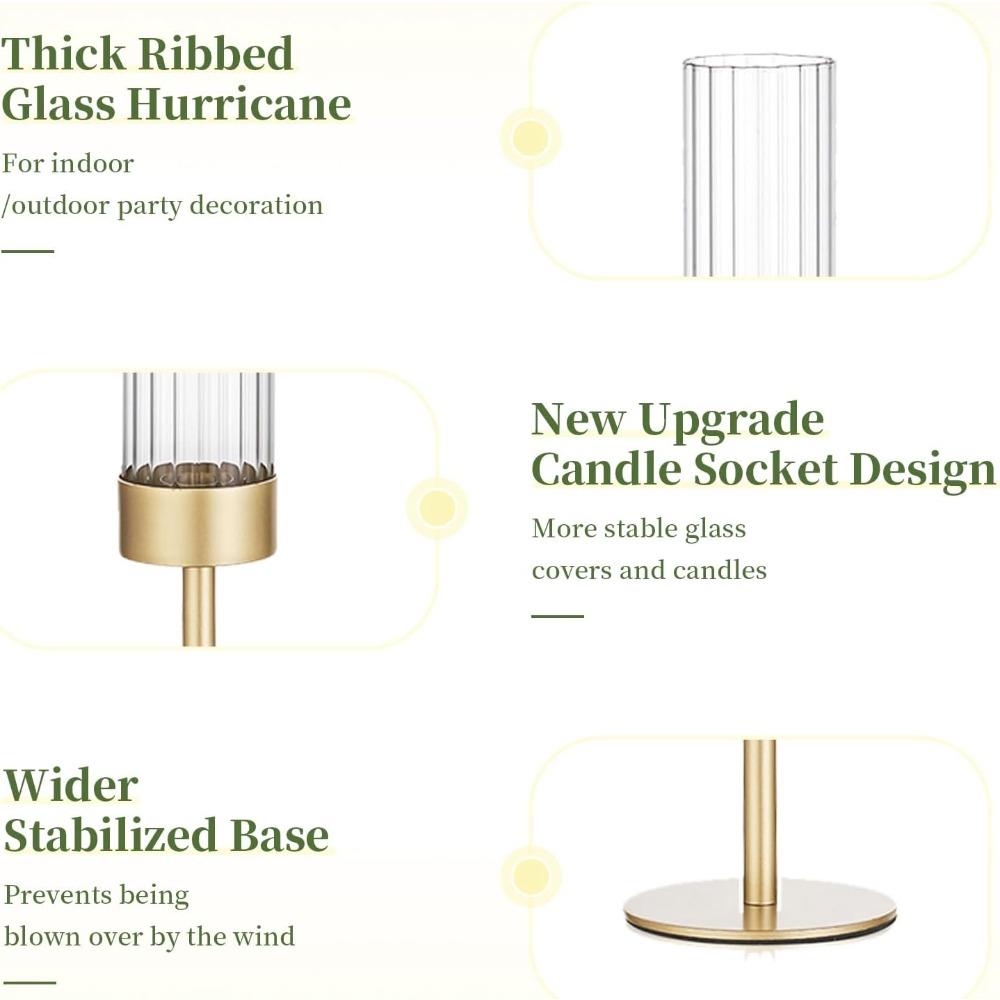 3pcs Golden Hurricane Taper Candle Holders Brass Candlestick Holders with Ribbed Glass Cylinder Cover Fluted Tall Candle Sticks Holder Decor