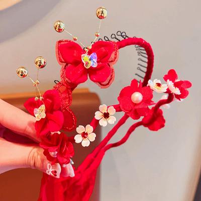 Bandeau Rouge Performance Style Chinois Perle Boule Fleur Coiffe Ancienne Pompon Mignon Nouvel An Cerceau Cheveux Filles