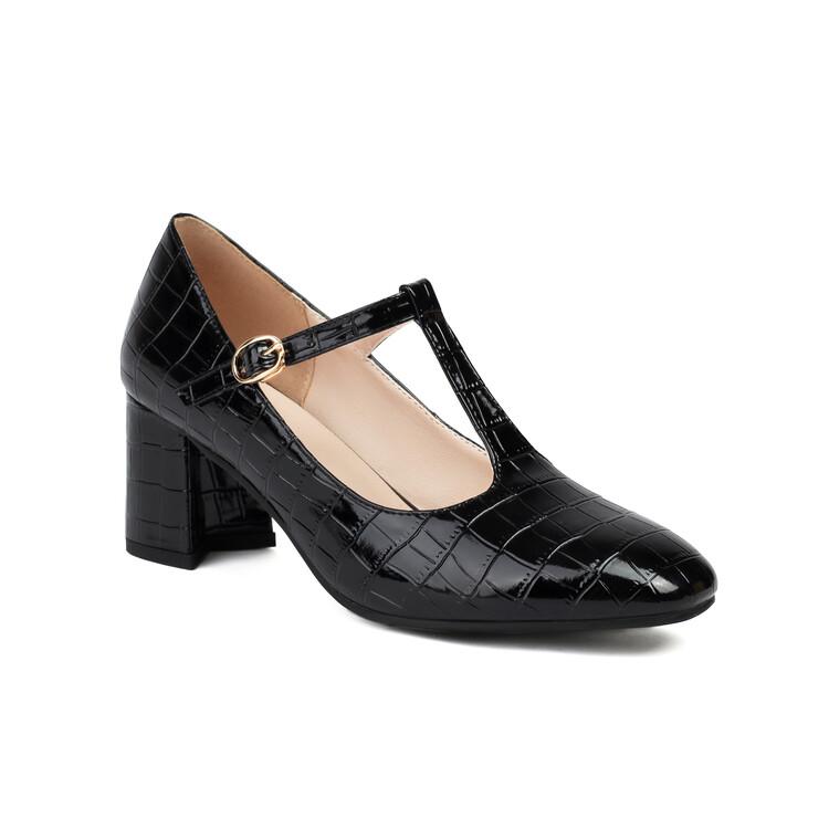 

Большие размеры 47–48, женские туфли Мэри Джейн с Т-образным ремешком, лакированная кожа крокодила, золотисто-серебряная пряжка, туфли-лодочки на высоком каблуке 45 чёрный