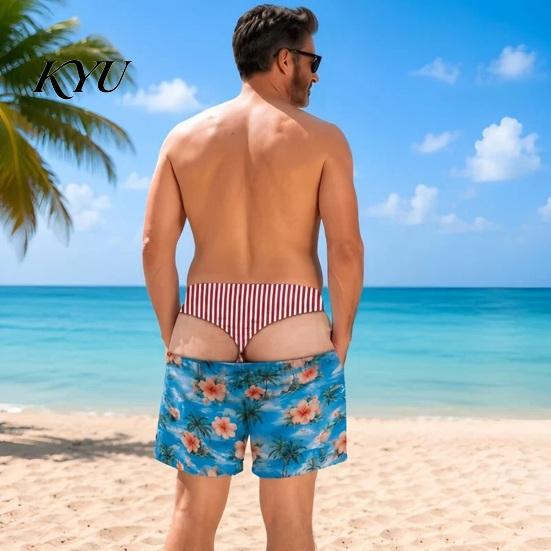 Comfortable Elastic Waist Shorts Funny Hairy Butt Shorts, Men Leg Illusion Beach Quick Dry Pool Swim Trunks with Pockets for Parties, Sports,